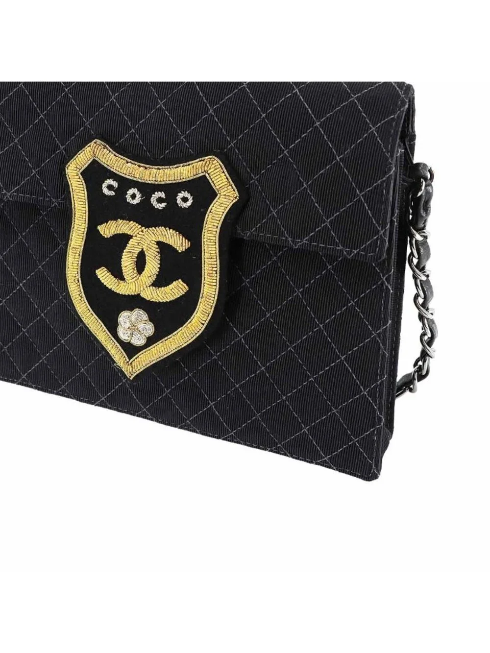 Chanel Quilted Emblem Chain Shoulder Bag Canvas Leather Black Silver